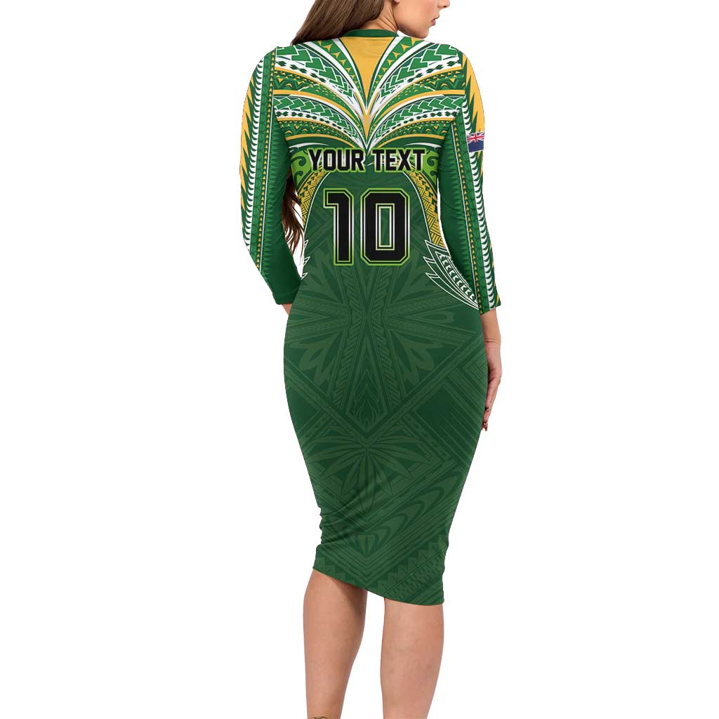 Custom Cook Islands Rugby League Long Sleeve Bodycon Dress Tatau Tribal Motifs-Dark Green Color LT03 - Polynesian Pride