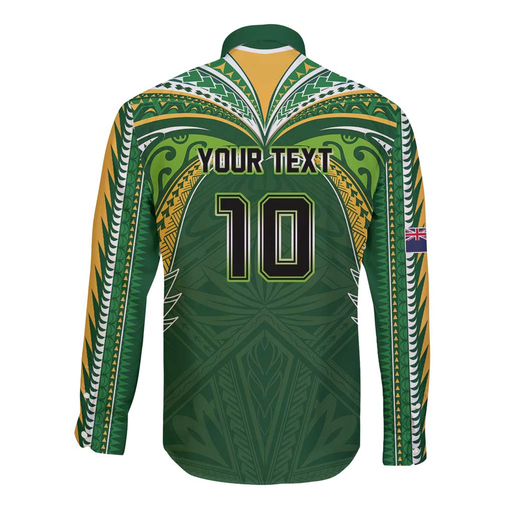 Custom Cook Islands Rugby League Long Sleeve Button Shirt Tatau Tribal Motifs-Dark Green Color LT03 - Polynesian Pride