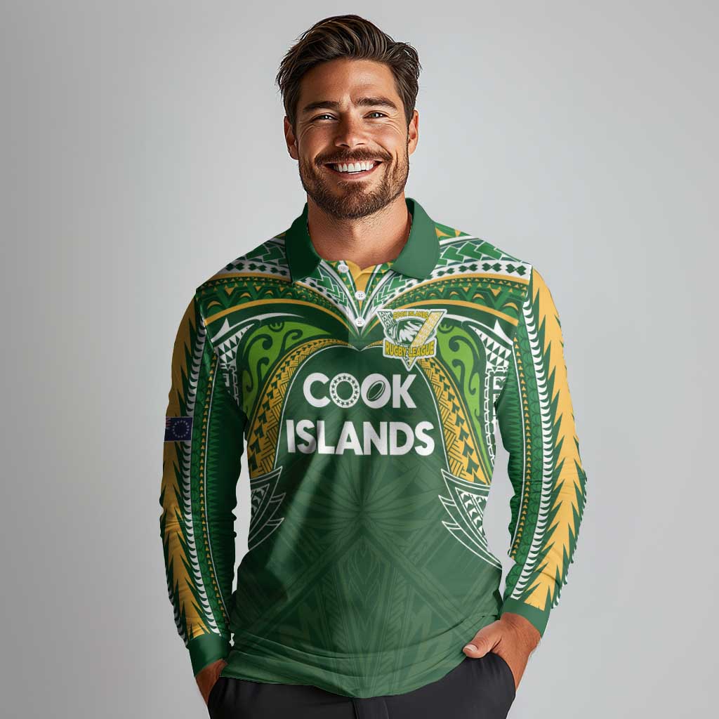 Custom Cook Islands Rugby League Long Sleeve Polo Shirt Tatau Tribal Motifs-Dark Green Color LT03 - Polynesian Pride