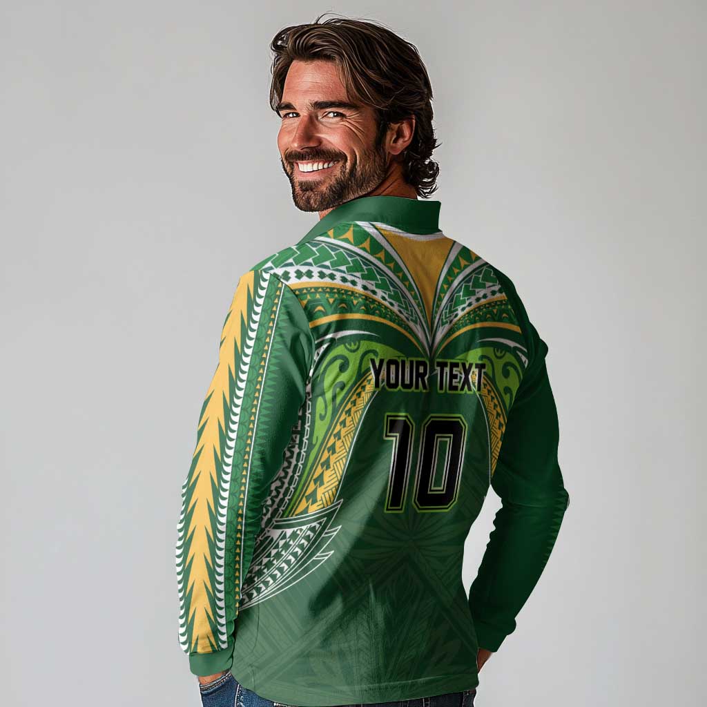 Custom Cook Islands Rugby League Long Sleeve Polo Shirt Tatau Tribal Motifs-Dark Green Color LT03 - Polynesian Pride