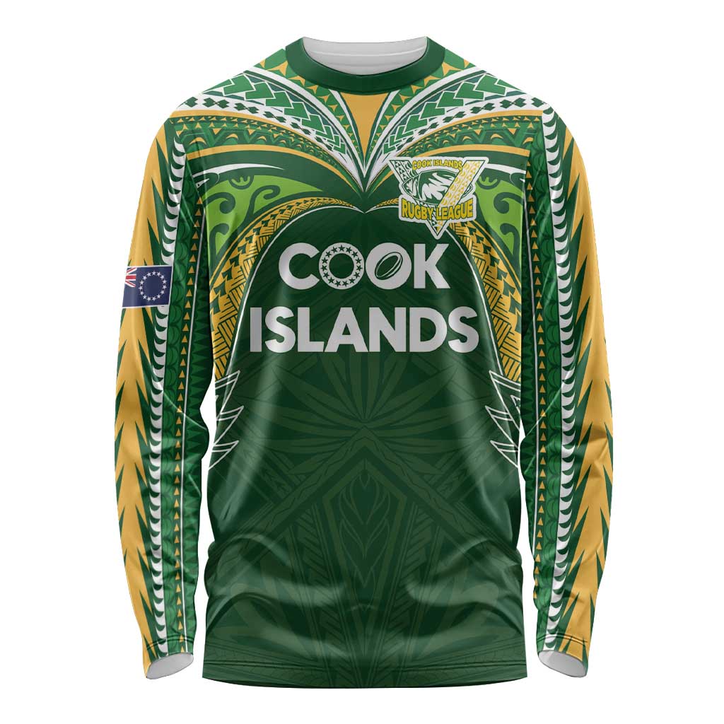 Custom Cook Islands Rugby League Long Sleeve Shirt Tatau Tribal Motifs-Dark Green Color LT03 Unisex Green - Polynesian Pride
