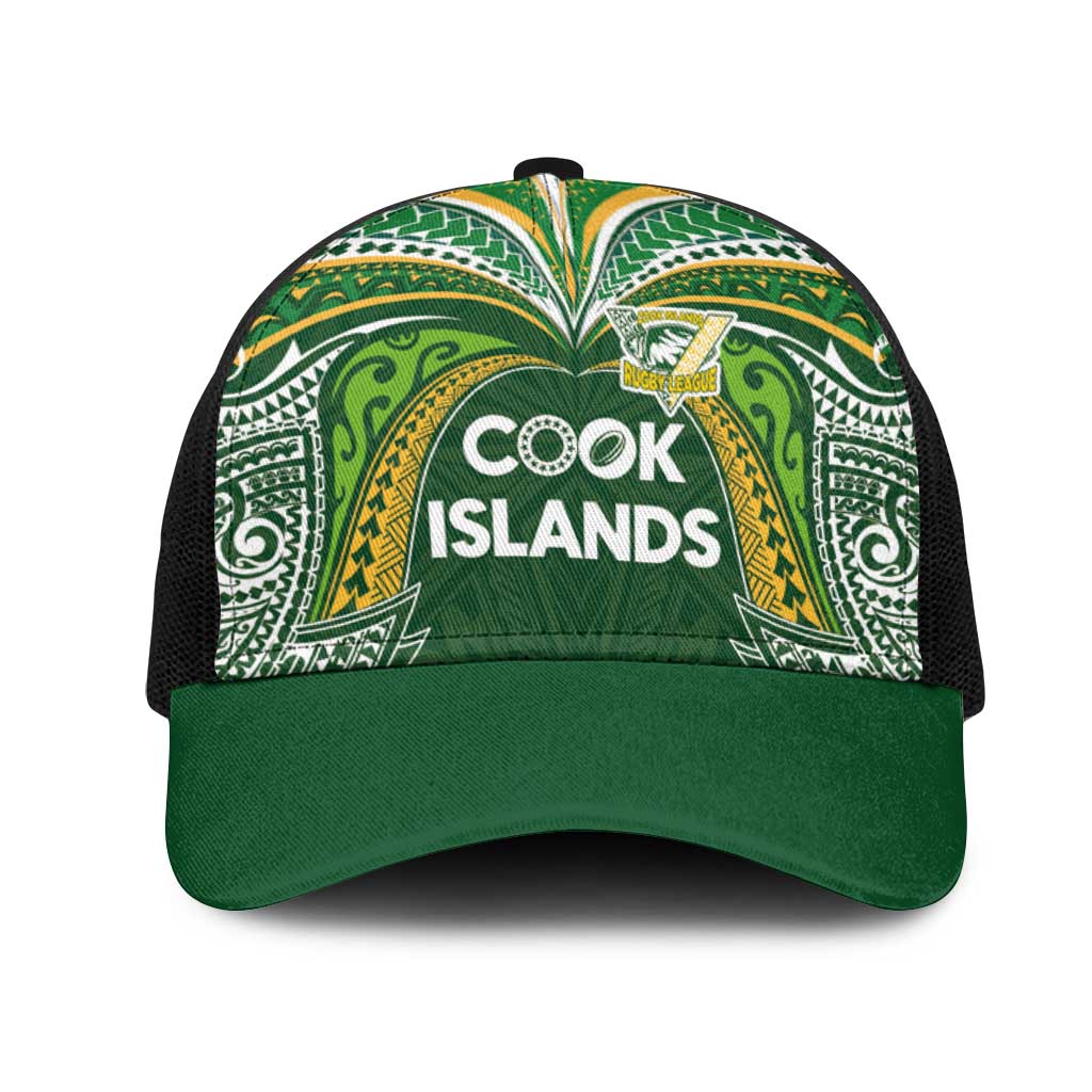 Cook Islands Rugby League Mesh Trucker Cap Tatau Tribal Motifs-Dark Green Color LT03 One Size Black Green - Polynesian Pride
