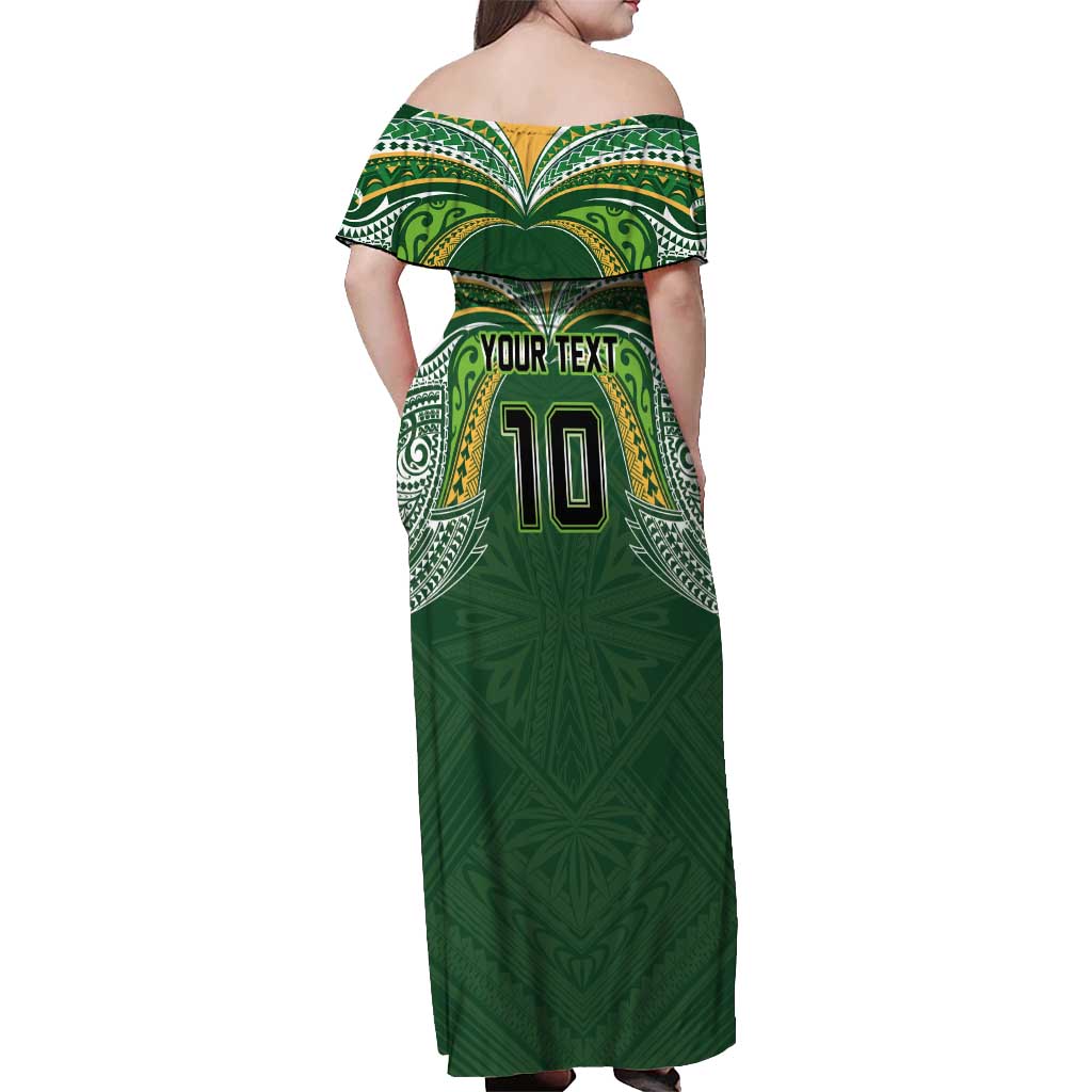 Custom Cook Islands Rugby League Off Shoulder Maxi Dress Tatau Tribal Motifs-Dark Green Color LT03 - Polynesian Pride