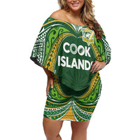 Custom Cook Islands Rugby League Off Shoulder Short Dress Tatau Tribal Motifs-Dark Green Color LT03 Women Green - Polynesian Pride