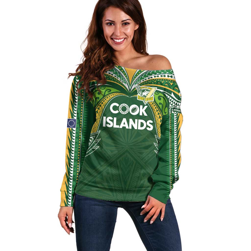 Custom Cook Islands Rugby League Off Shoulder Sweater Tatau Tribal Motifs-Dark Green Color LT03 Women Green - Polynesian Pride