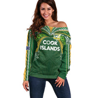 Custom Cook Islands Rugby League Off Shoulder Sweater Tatau Tribal Motifs-Dark Green Color LT03 Women Green - Polynesian Pride