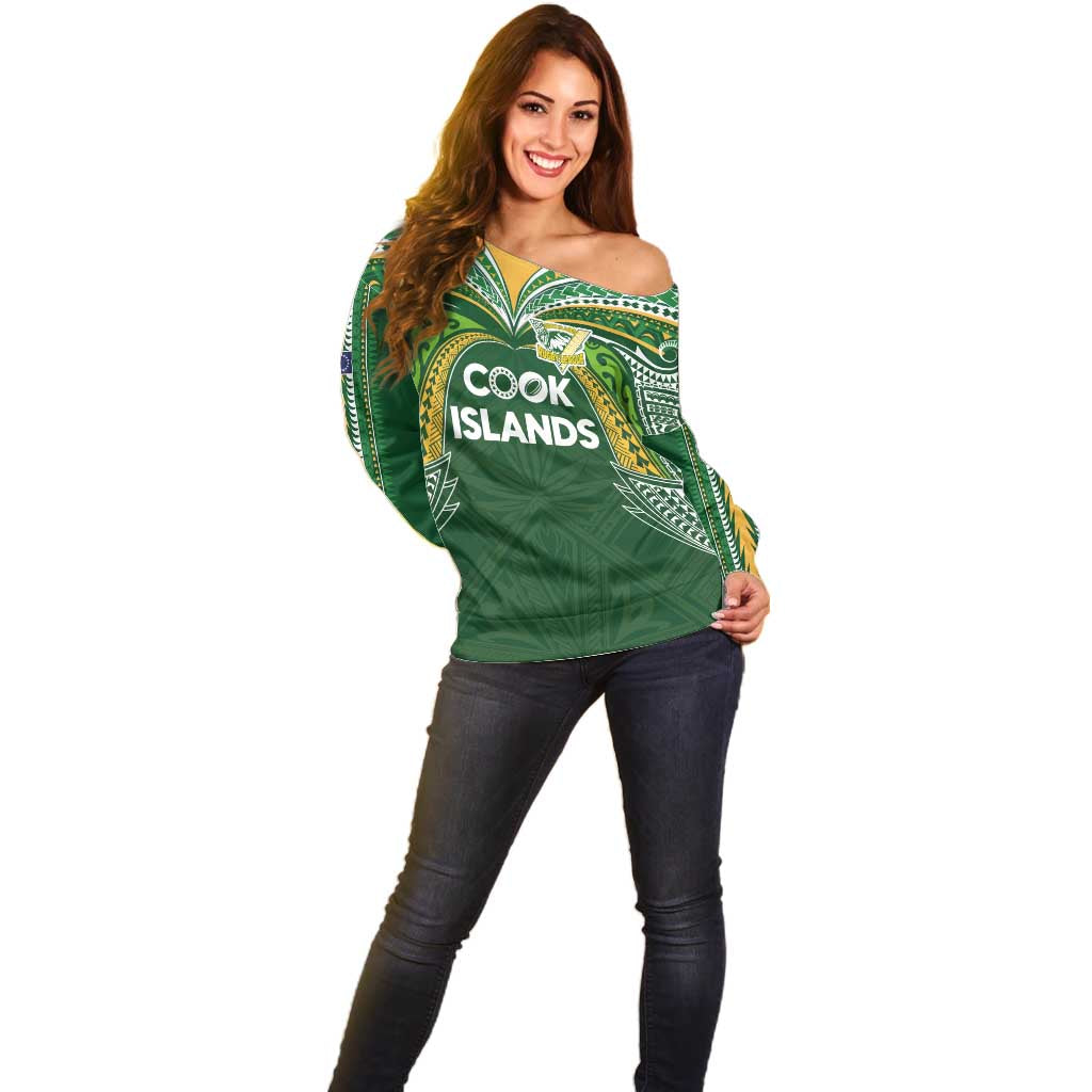 Custom Cook Islands Rugby League Off Shoulder Sweater Tatau Tribal Motifs-Dark Green Color LT03 - Polynesian Pride