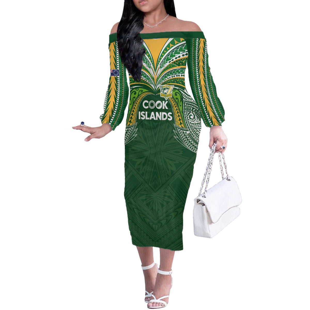 Custom Cook Islands Rugby League Off The Shoulder Long Sleeve Dress Tatau Tribal Motifs-Dark Green Color LT03 Women Green - Polynesian Pride