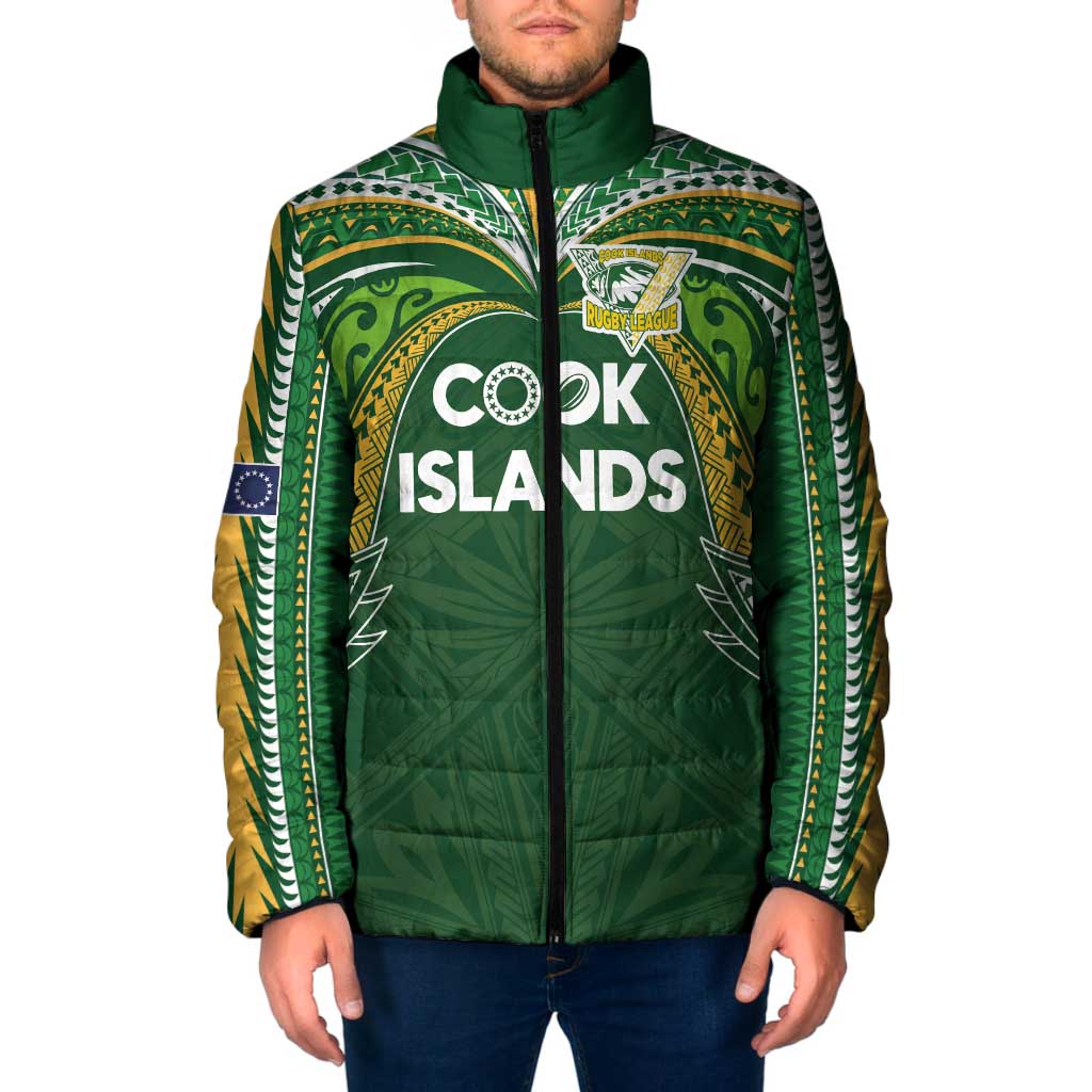 Custom Cook Islands Rugby League Padded Jacket Tatau Tribal Motifs-Dark Green Color LT03 Men Green - Polynesian Pride