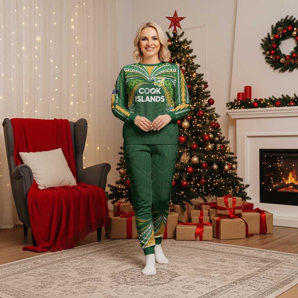 Custom Cook Islands Rugby League Christmas Pajama Set Tatau Tribal Motifs-Dark Green Color LT03 Women Green - Polynesian Pride