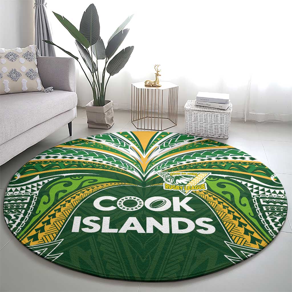 Cook Islands Rugby League Round Carpet Tatau Tribal Motifs-Dark Green Color LT03 - Polynesian Pride