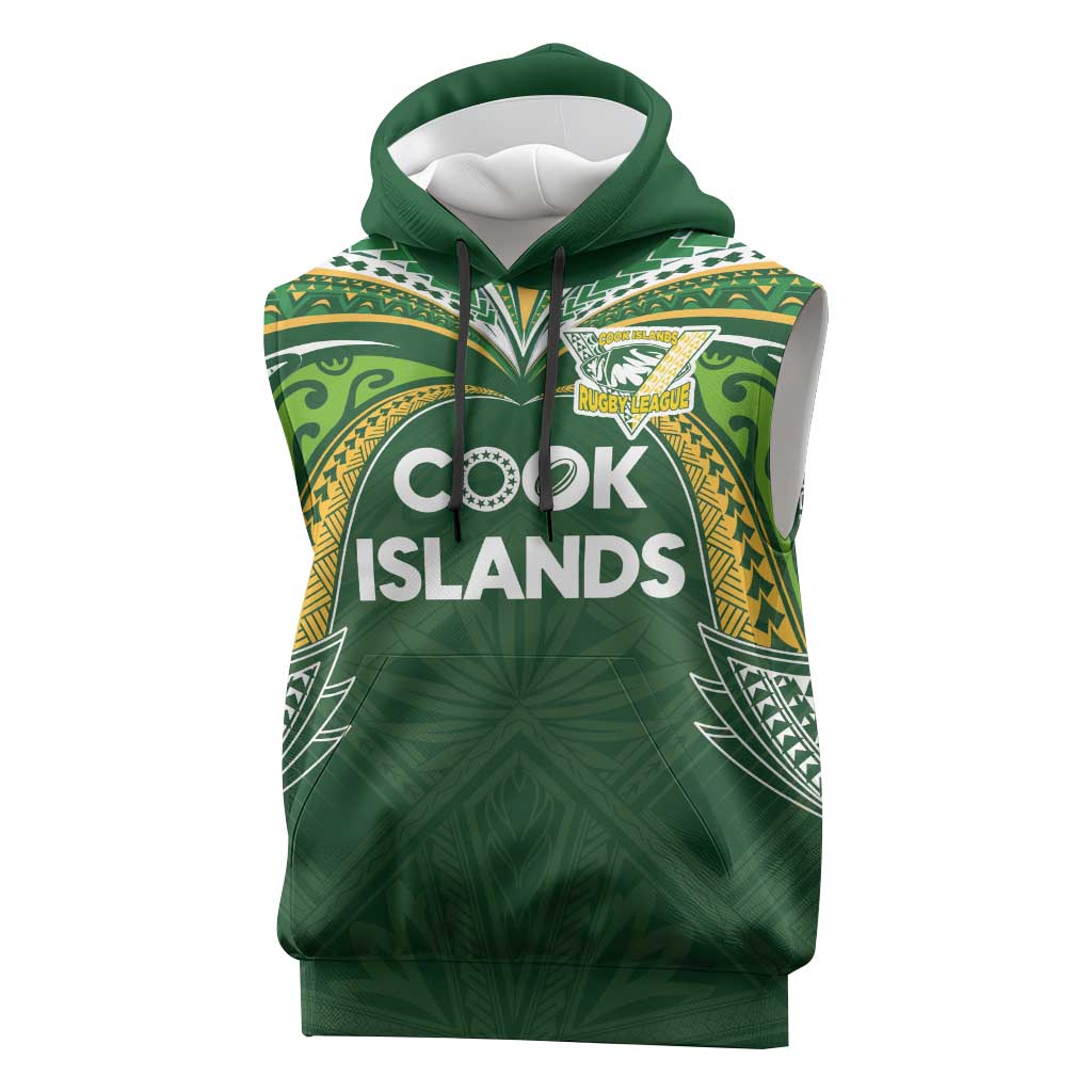 Custom Cook Islands Rugby League Sleeveless Hoodie Tatau Tribal Motifs-Dark Green Color LT03 Green - Polynesian Pride