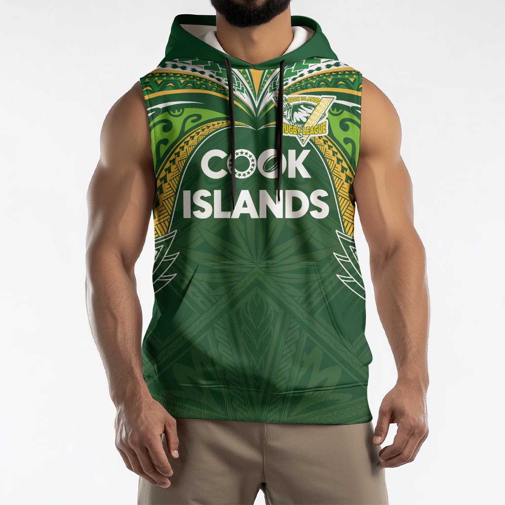 Custom Cook Islands Rugby League Sleeveless Hoodie Tatau Tribal Motifs-Dark Green Color LT03 - Polynesian Pride