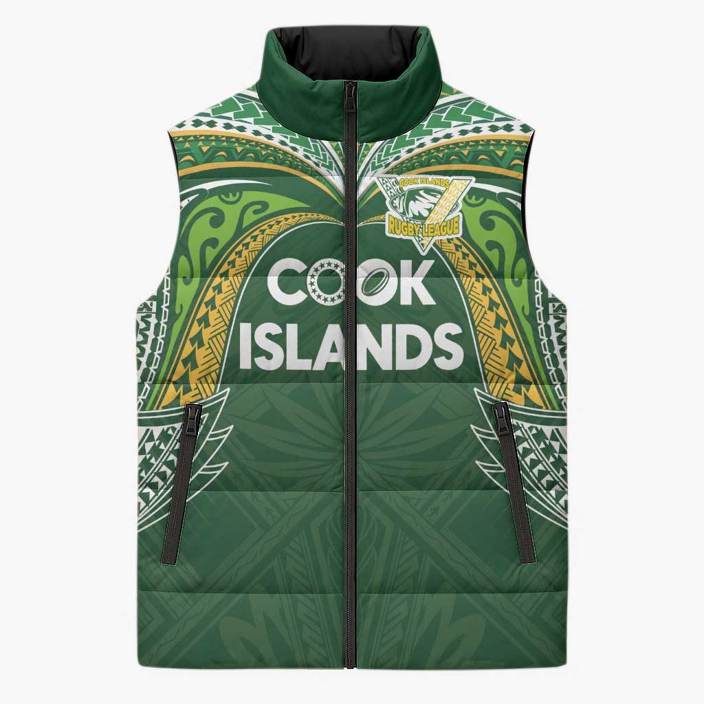 Custom Cook Islands Rugby League Sleeveless Puffer Jacket Tatau Tribal Motifs-Dark Green Color LT03 Unisex Green - Polynesian Pride