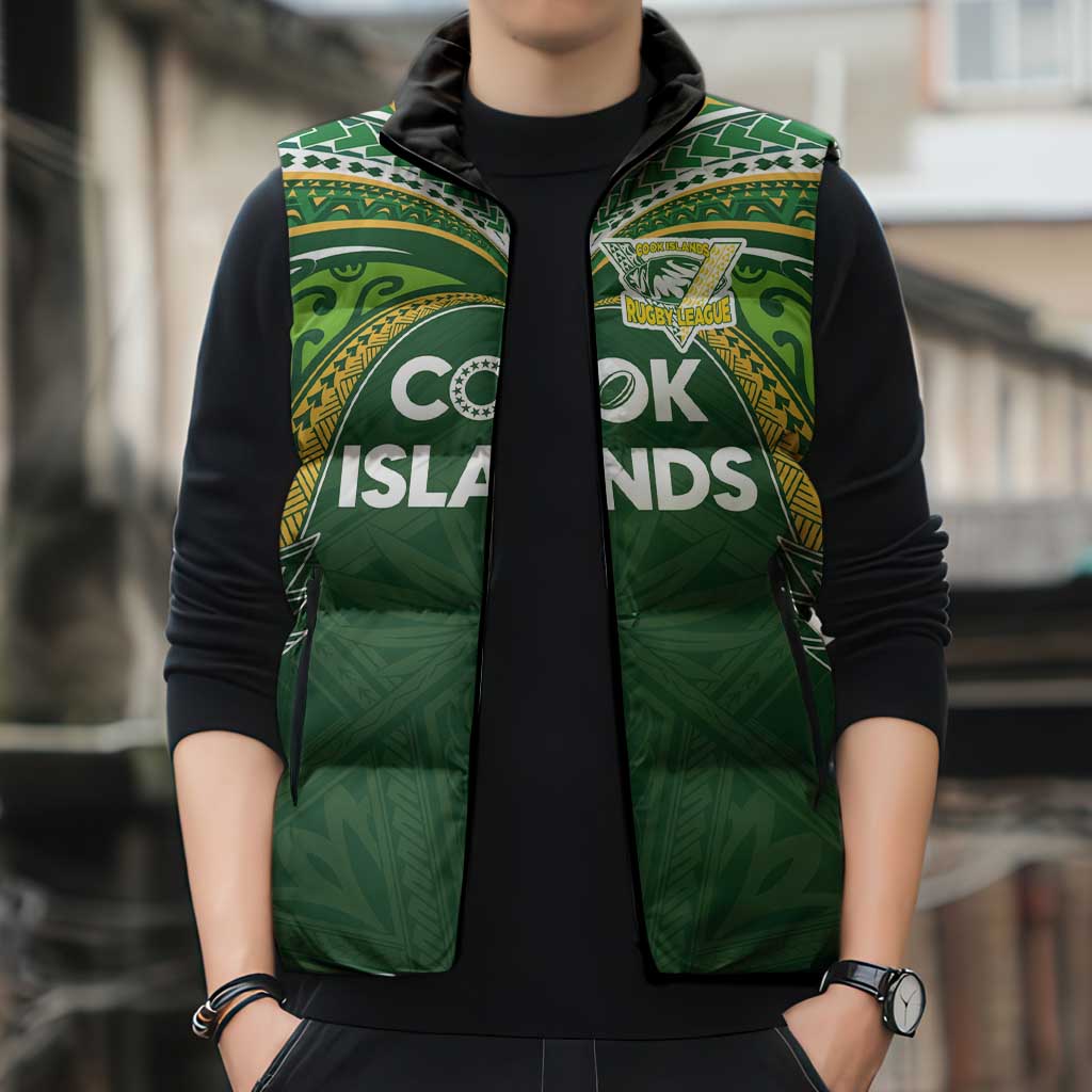 Custom Cook Islands Rugby League Sleeveless Puffer Jacket Tatau Tribal Motifs-Dark Green Color LT03 - Polynesian Pride