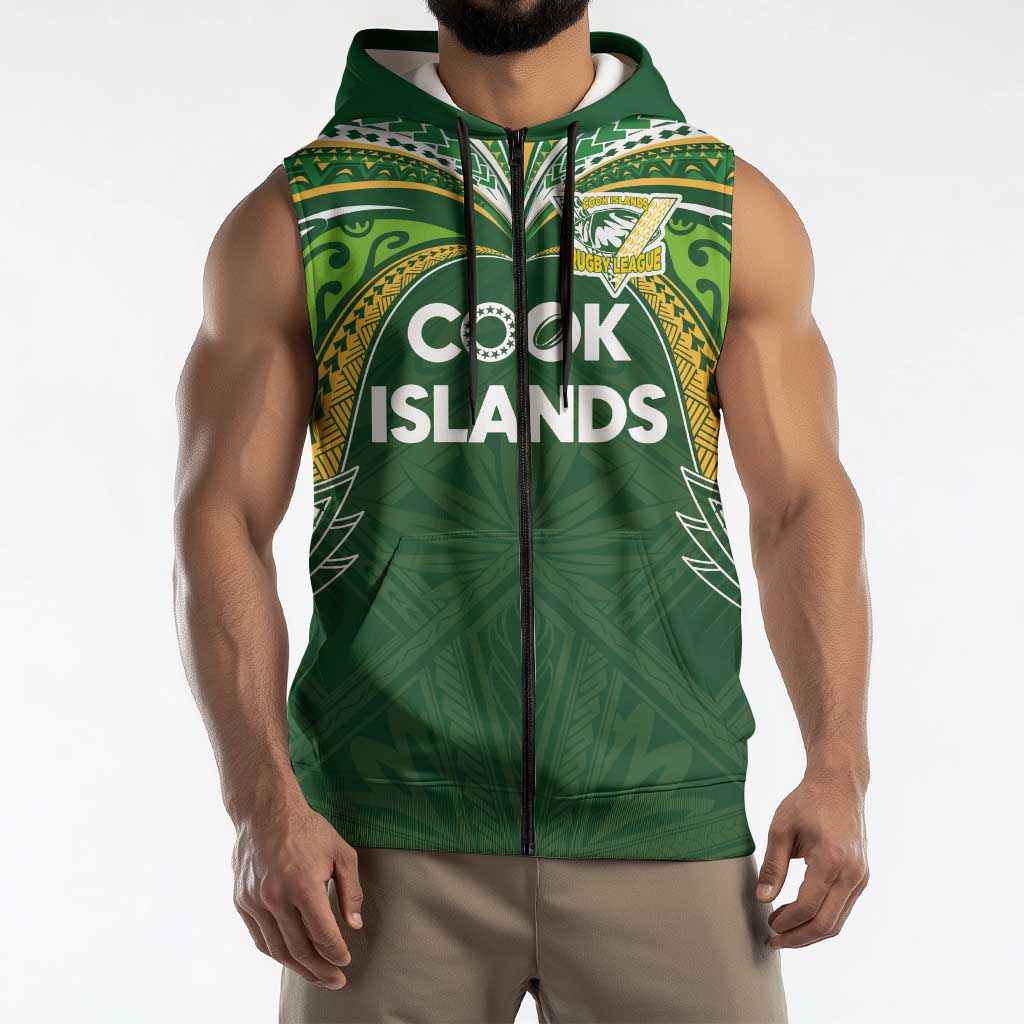 Custom Cook Islands Rugby League Sleeveless Zip Hoodie Tatau Tribal Motifs-Dark Green Color LT03 - Polynesian Pride