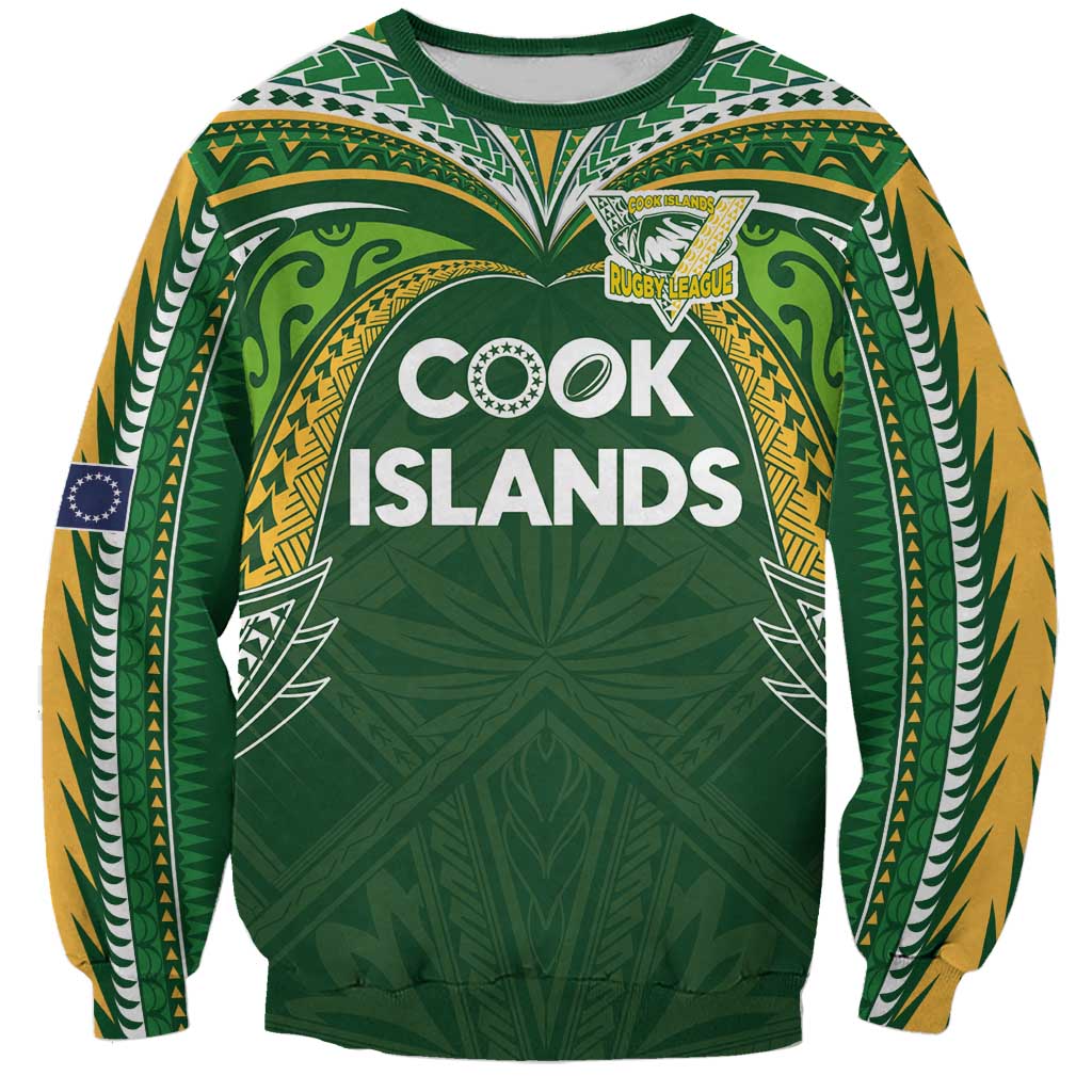 Custom Cook Islands Rugby League Sweatshirt Tatau Tribal Motifs-Dark Green Color LT03 Unisex Green - Polynesian Pride