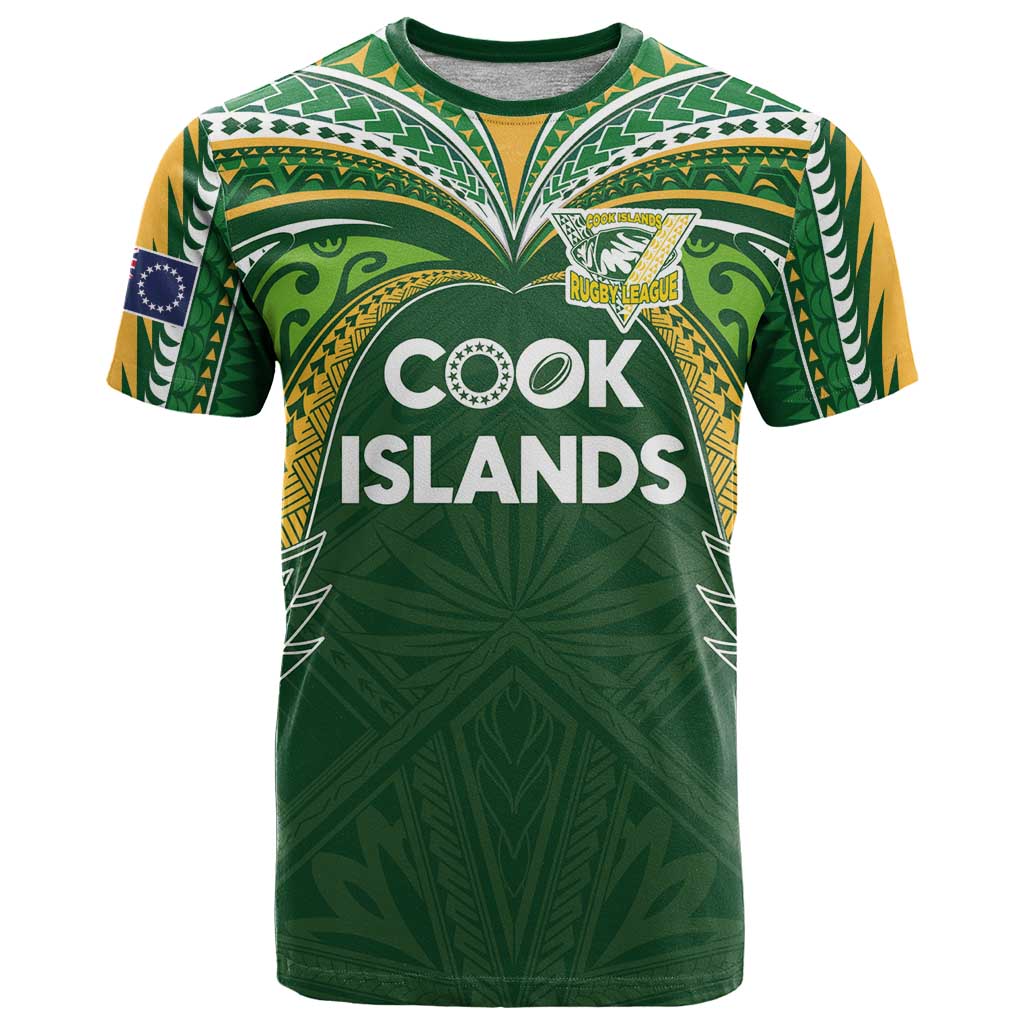Custom Cook Islands Rugby League T-Shirt - Tatau Tribal Motifs Dark Green LT03 Green - Polynesian Pride