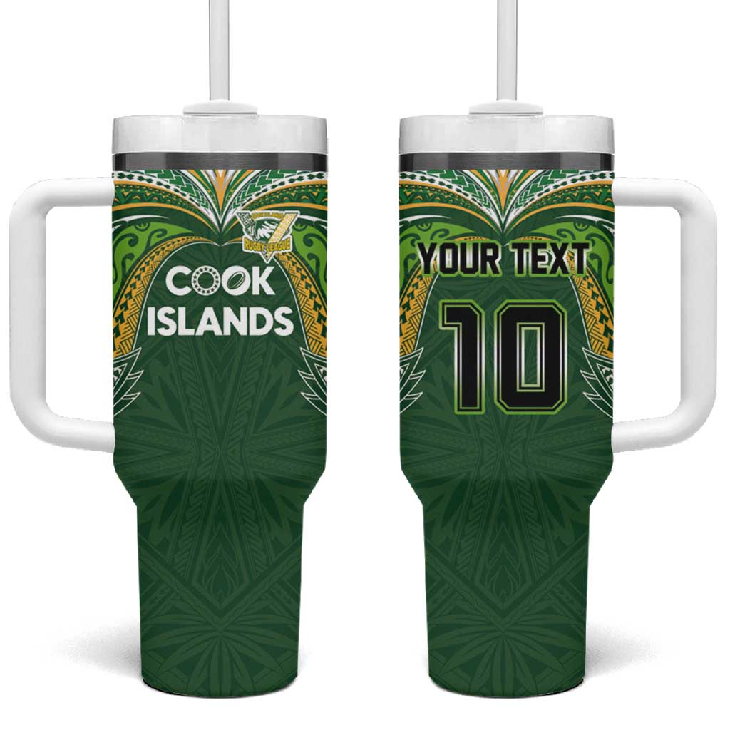 Custom Cook Islands Rugby League Tumbler With Handle Tatau Tribal Motifs-Dark Green Color LT03 One Size: 40 oz Green - Polynesian Pride