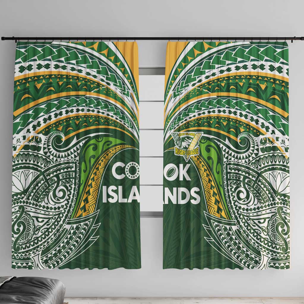Cook Islands Rugby League Window Curtain Tatau Tribal Motifs-Dark Green Color LT03 With Hooks Green - Polynesian Pride