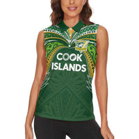 Custom Cook Islands Rugby League Women Sleeveless Polo Shirt Tatau Tribal Motifs-Dark Green Color LT03 - Polynesian Pride