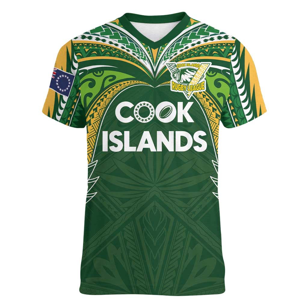 Custom Cook Islands Rugby League Women V-Neck T-Shirt Tatau Tribal Motifs-Dark Green Color - Polynesian Pride