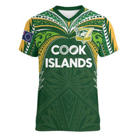 Custom Cook Islands Rugby League Women V-Neck T-Shirt Tatau Tribal Motifs-Dark Green Color LT03 Female Green - Polynesian Pride