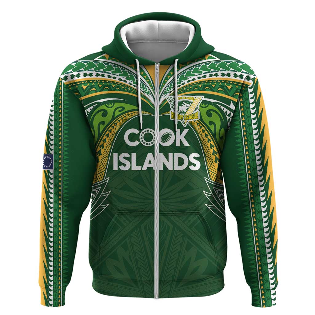 Custom Cook Islands Rugby League Zip Hoodie Tatau Tribal Motifs-Dark Green Color LT03 Zip Hoodie Green - Polynesian Pride