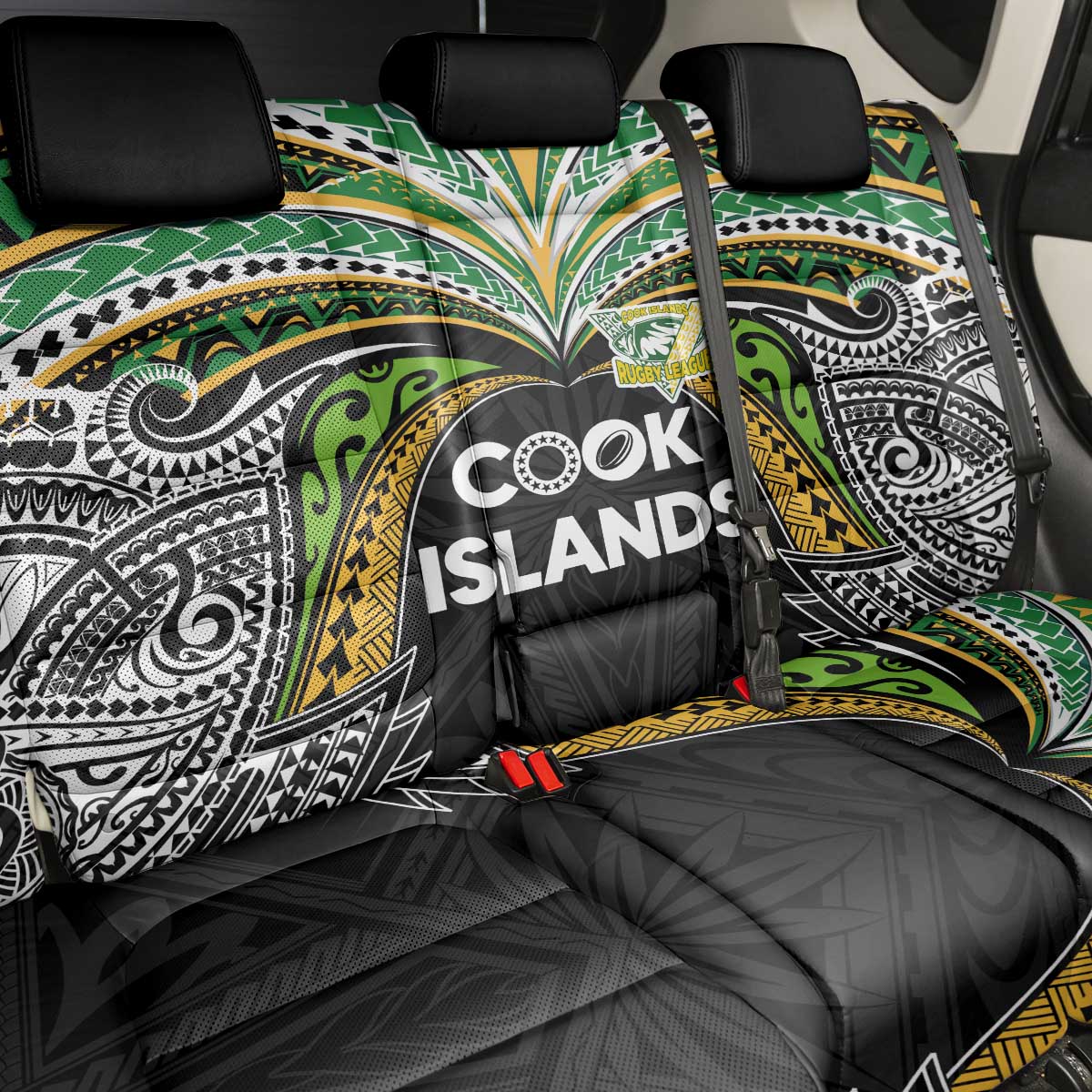 Cook Islands Rugby League Back Car Seat Cover Tatau Tribal Motifs-Black Color LT03 - Polynesian Pride