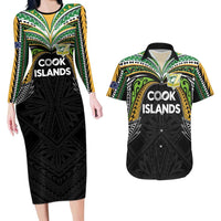 Custom Cook Islands Rugby League Couples Matching Long Sleeve Bodycon Dress and Hawaiian Shirt Tatau Tribal Motifs-Black Color LT03 Black - Polynesian Pride