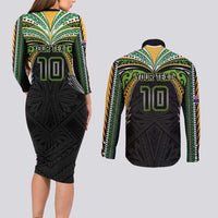 Custom Cook Islands Rugby League Couples Matching Long Sleeve Bodycon Dress and Long Sleeve Button Shirt Tatau Tribal Motifs-Black Color LT03 - Polynesian Pride
