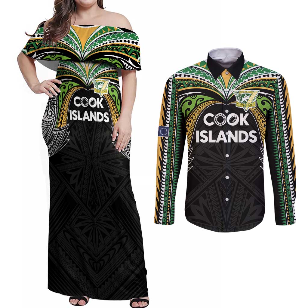 Custom Cook Islands Rugby League Couples Matching Off Shoulder Maxi Dress and Long Sleeve Button Shirt Tatau Tribal Motifs-Black Color LT03 Black - Polynesian Pride