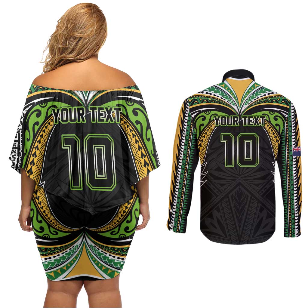 Custom Cook Islands Rugby League Couples Matching Off Shoulder Short Dress and Long Sleeve Button Shirt Tatau Tribal Motifs-Black Color LT03 - Polynesian Pride