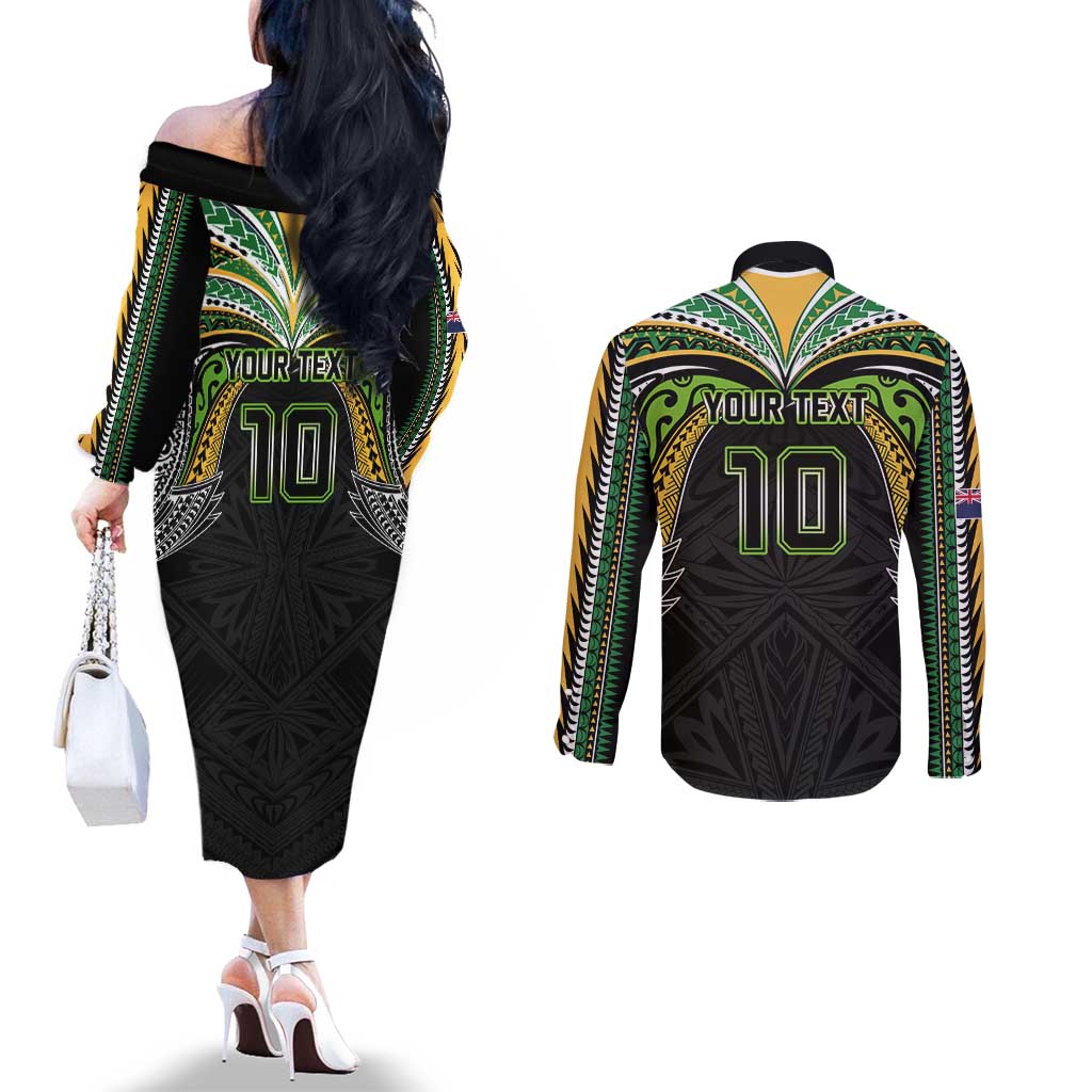 Custom Cook Islands Rugby League Couples Matching Off The Shoulder Long Sleeve Dress and Long Sleeve Button Shirt Tatau Tribal Motifs-Black Color LT03 - Polynesian Pride