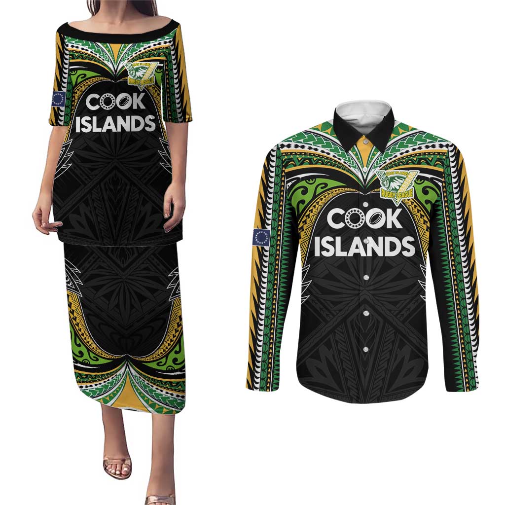 Custom Cook Islands Rugby League Couples Matching Puletasi and Long Sleeve Button Shirt Tatau Tribal Motifs-Black Color - Polynesian Pride