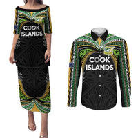 Custom Cook Islands Rugby League Couples Matching Puletasi and Long Sleeve Button Shirt Tatau Tribal Motifs-Black Color LT03 Black - Polynesian Pride