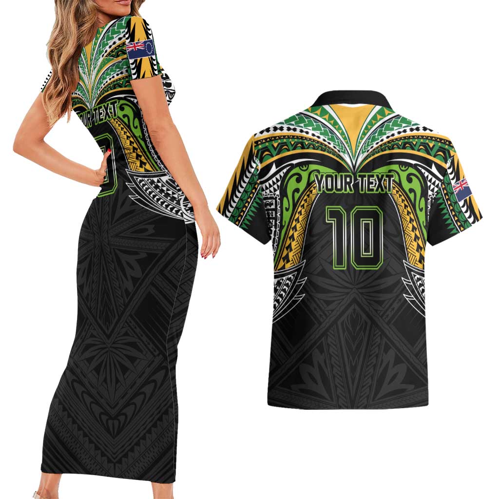 Custom Cook Islands Rugby League Couples Matching Short Sleeve Bodycon Dress and Hawaiian Shirt Tatau Tribal Motifs-Black Color LT03 - Polynesian Pride