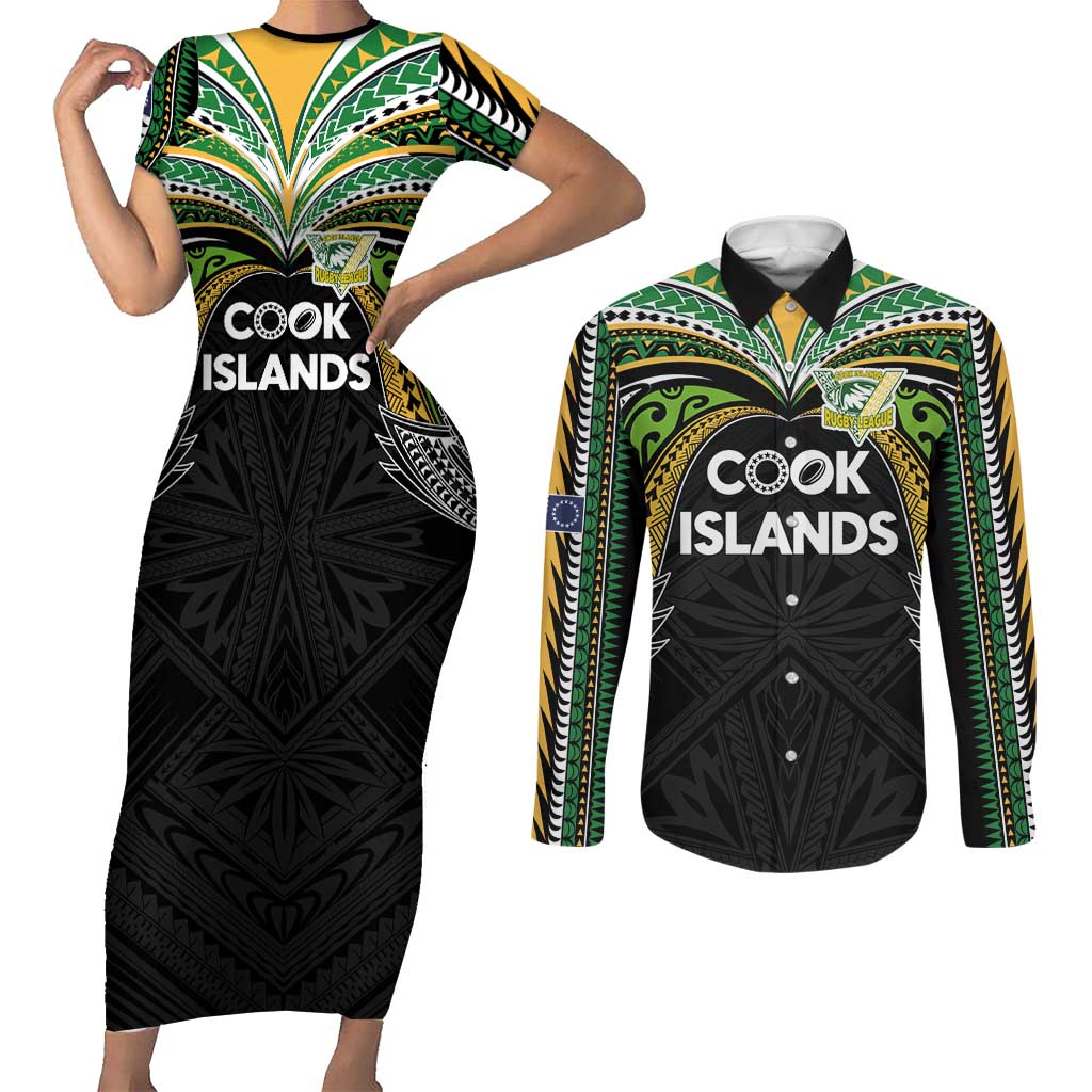 Custom Cook Islands Rugby League Couples Matching Short Sleeve Bodycon Dress and Long Sleeve Button Shirt Tatau Tribal Motifs-Black Color LT03 Black - Polynesian Pride