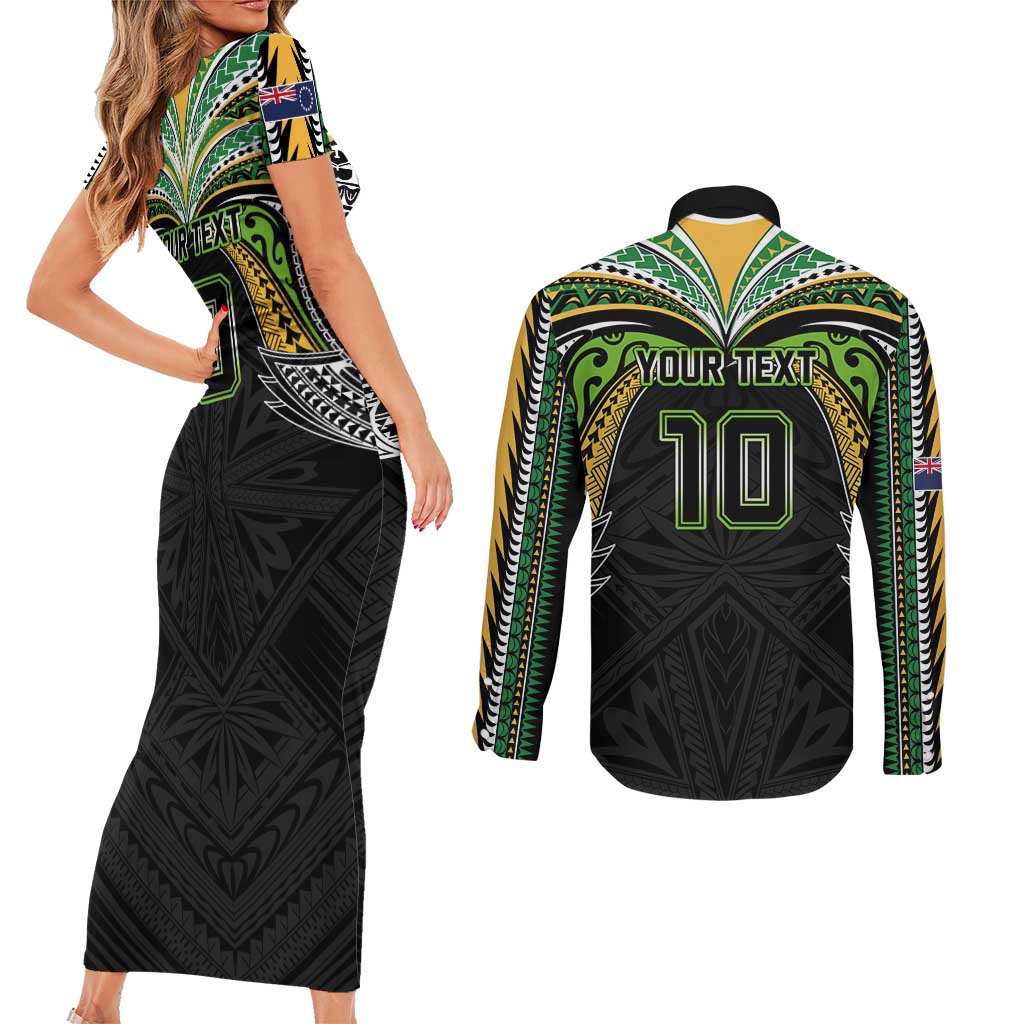 Custom Cook Islands Rugby League Couples Matching Short Sleeve Bodycon Dress and Long Sleeve Button Shirt Tatau Tribal Motifs-Black Color LT03 - Polynesian Pride