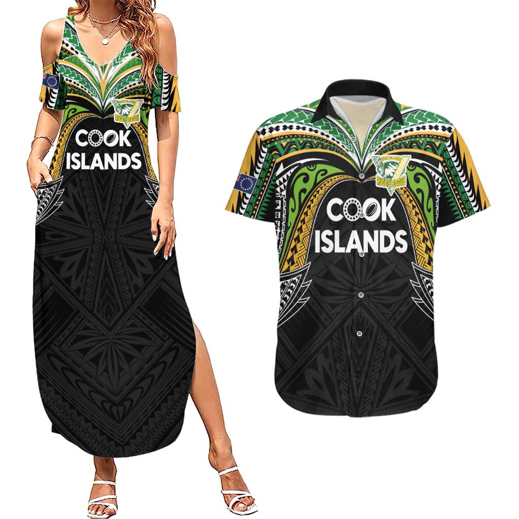 Custom Cook Islands Rugby League Couples Matching Summer Maxi Dress and Hawaiian Shirt Tatau Tribal Motifs-Black Color LT03 Black - Polynesian Pride
