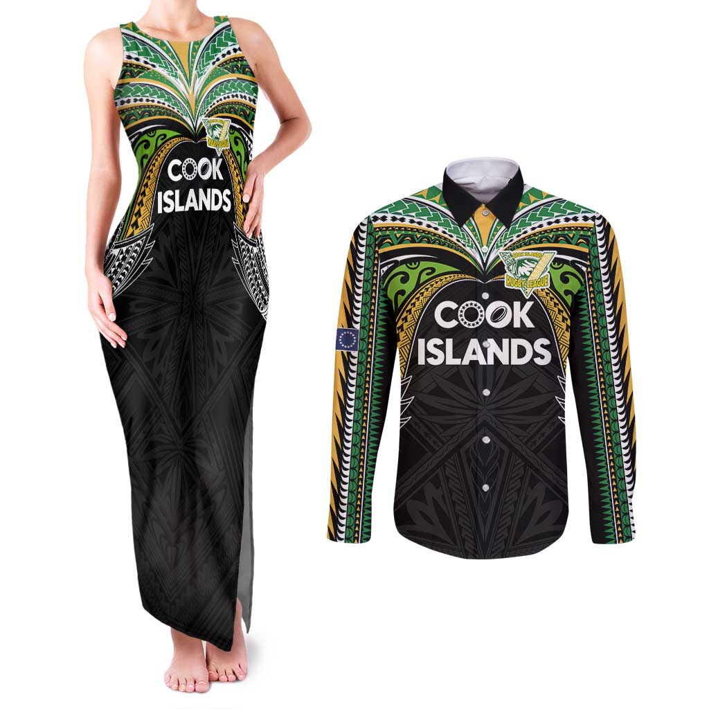 Custom Cook Islands Rugby League Couples Matching Tank Maxi Dress and Long Sleeve Button Shirt Tatau Tribal Motifs-Black Color LT03 Black - Polynesian Pride