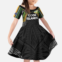 Custom Cook Islands Rugby League Family Matching Off Shoulder Short Dress and Hawaiian Shirt Tatau Tribal Motifs-Black Color LT03 Daughter's Dress Black - Polynesian Pride