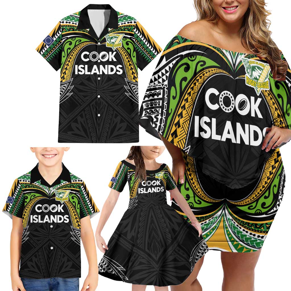 Custom Cook Islands Rugby League Family Matching Off Shoulder Short Dress and Hawaiian Shirt Tatau Tribal Motifs-Black Color - Polynesian Pride