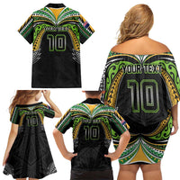 Custom Cook Islands Rugby League Family Matching Off Shoulder Short Dress and Hawaiian Shirt Tatau Tribal Motifs-Black Color LT03 - Polynesian Pride