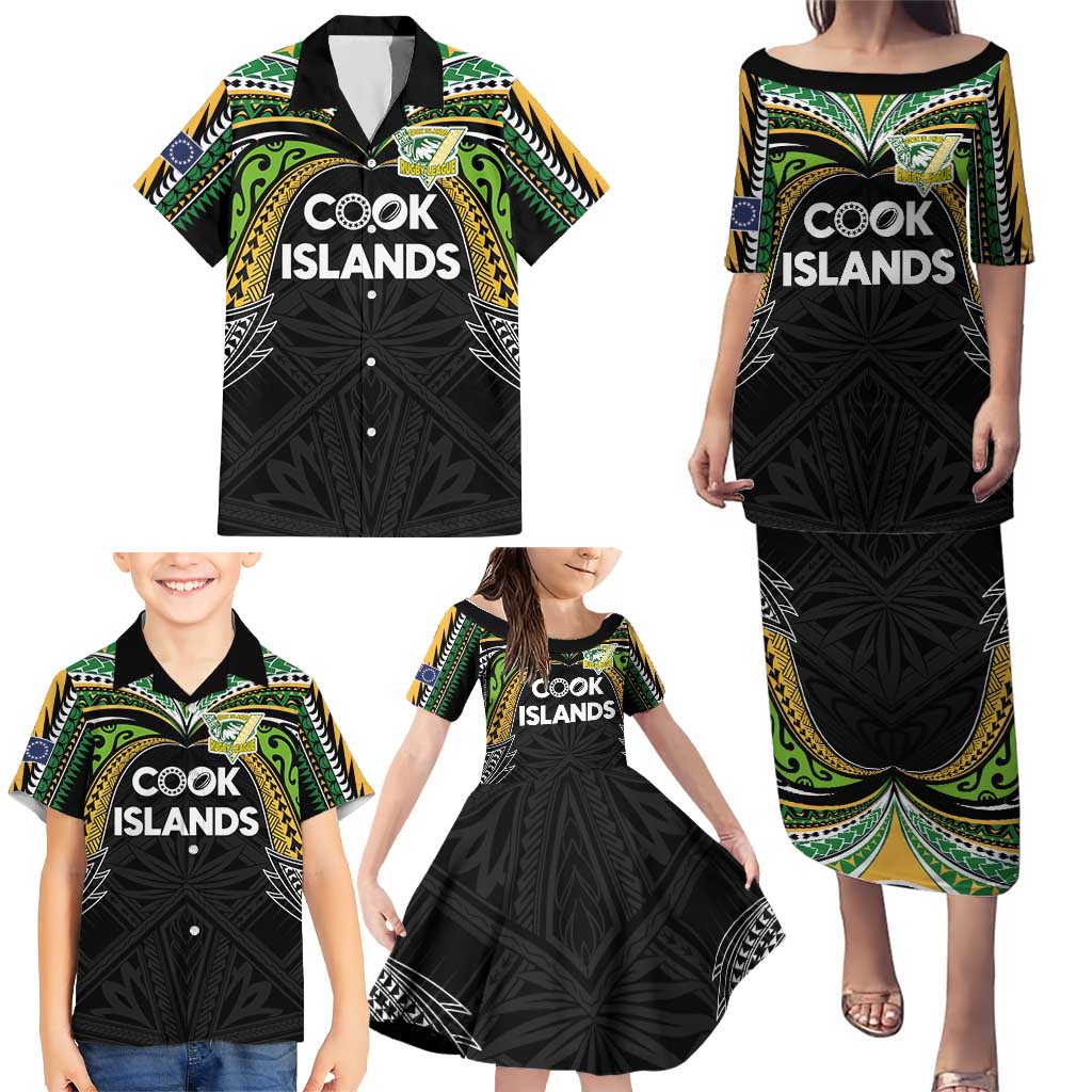 Custom Cook Islands Rugby League Family Matching Puletasi and Hawaiian Shirt Tatau Tribal Motifs-Black Color LT03 - Polynesian Pride