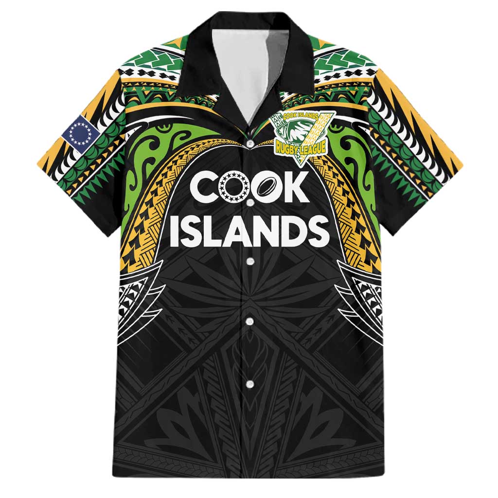 Custom Cook Islands Rugby League Family Matching Summer Maxi Dress and Hawaiian Shirt Tatau Tribal Motifs-Black Color LT03 Dad's Shirt - Short Sleeve Black - Polynesian Pride
