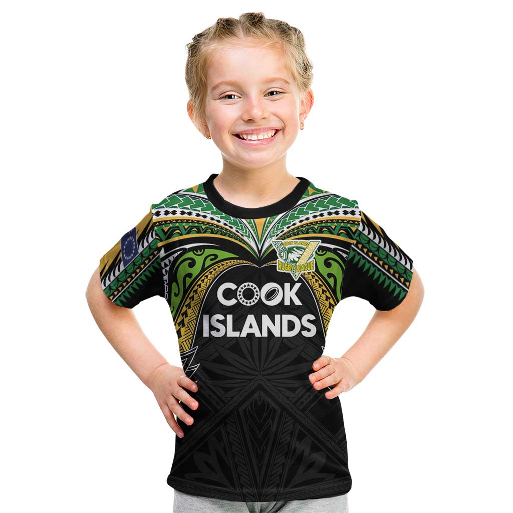 Custom Cook Islands Rugby League Kid T Shirt Tatau Tribal Motifs-Black Color LT03 Black - Polynesian Pride