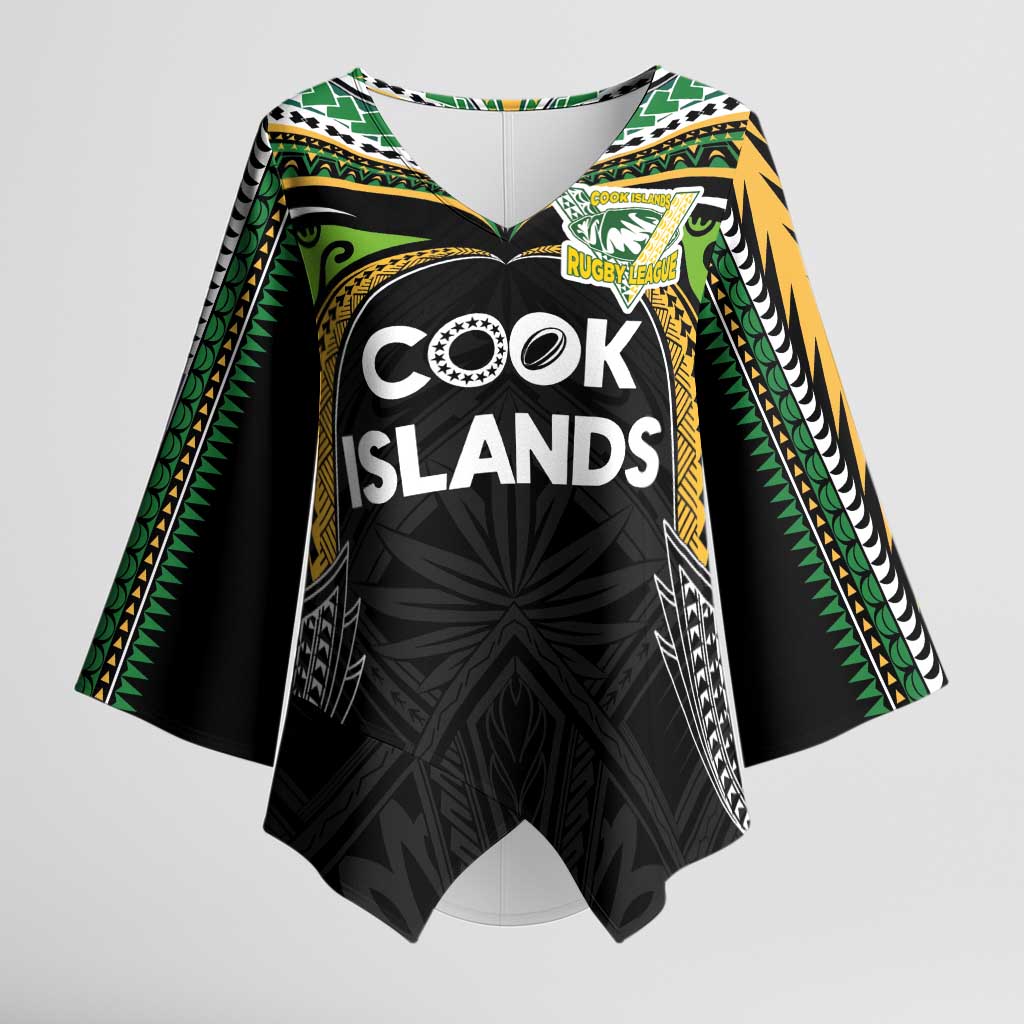 Custom Cook Islands Rugby League Kimono Sleeve Blouse Tatau Tribal Motifs-Black Color LT03 Female Black - Polynesian Pride