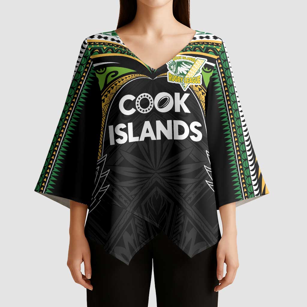 Custom Cook Islands Rugby League Kimono Sleeve Blouse Tatau Tribal Motifs-Black Color LT03 - Polynesian Pride