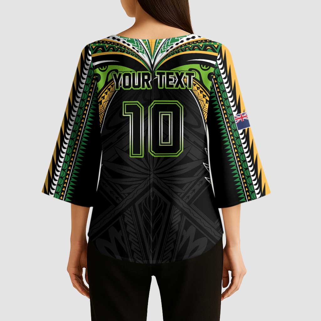 Custom Cook Islands Rugby League Kimono Sleeve Blouse Tatau Tribal Motifs-Black Color LT03 - Polynesian Pride